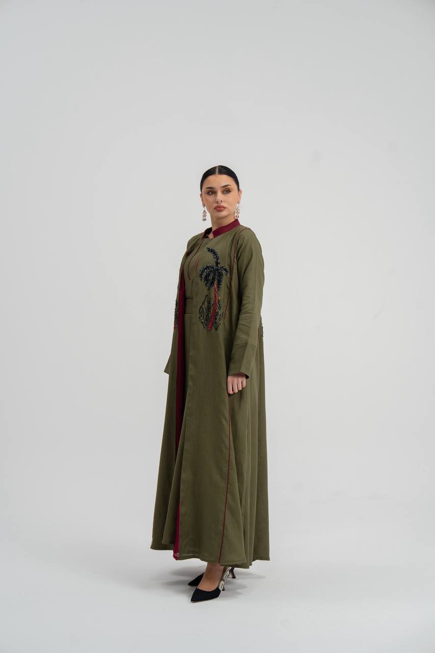 Linen abaya in olive green with hand embroidery (with inner set). C:6748