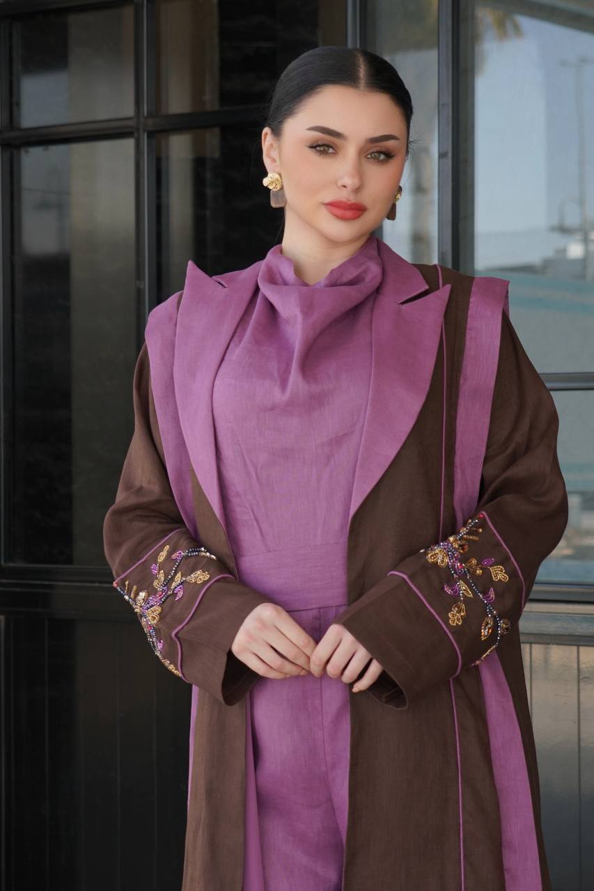 Brown linen blazer abaya with embellishments. C:6755
