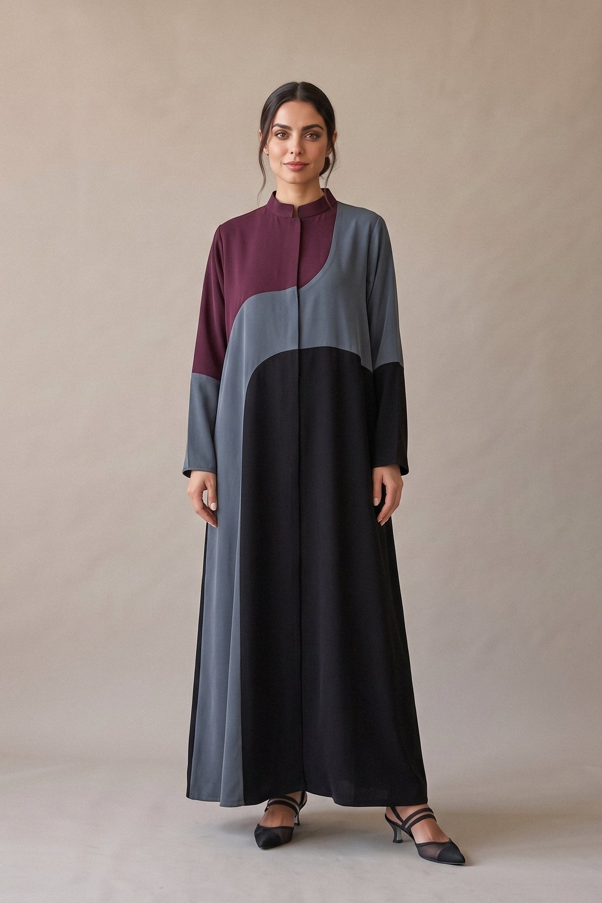 Black Crepe Abaya with Burgundy and Grey Details – 2076