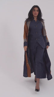 Camel and navy linen abaya with embroidery