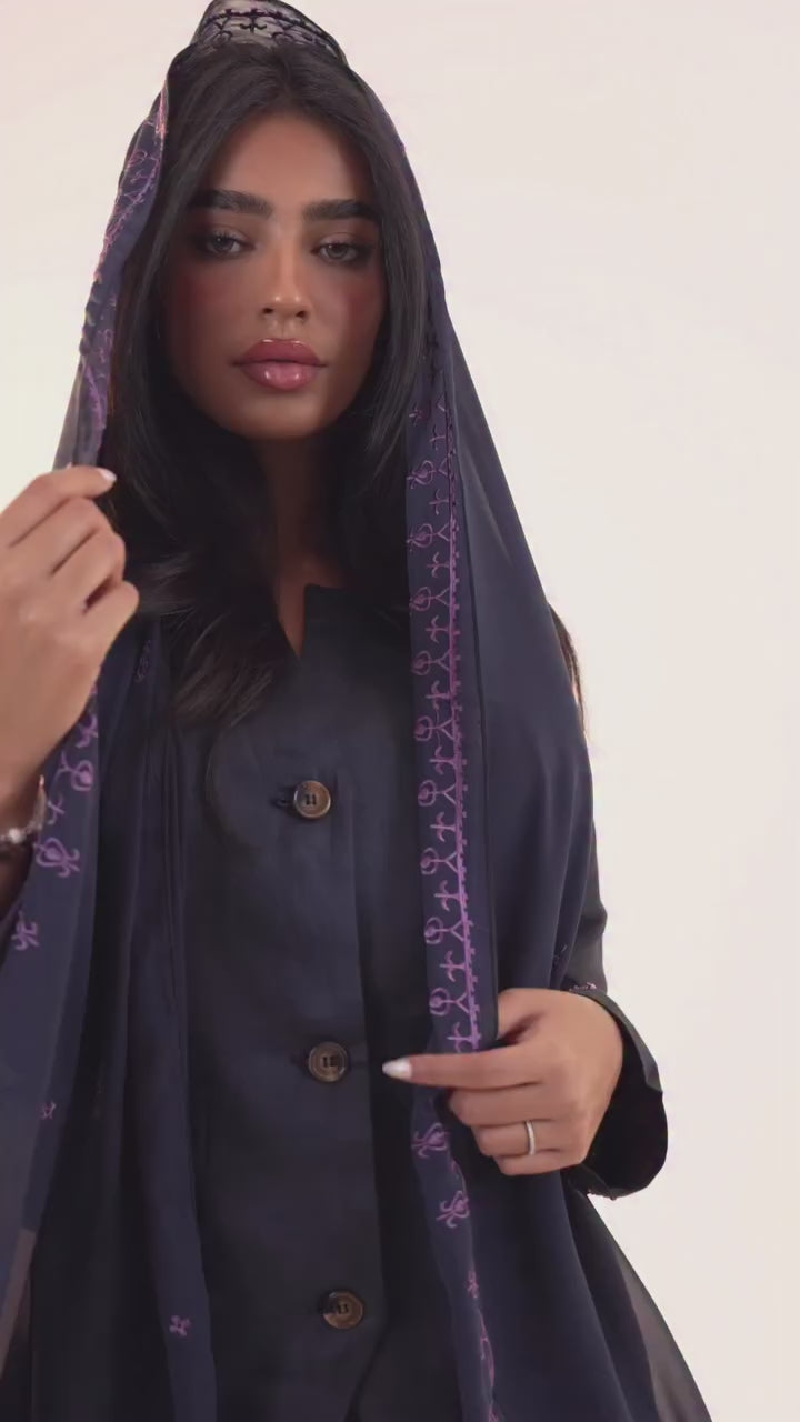 Navy blue linen abaya with purple embroidery