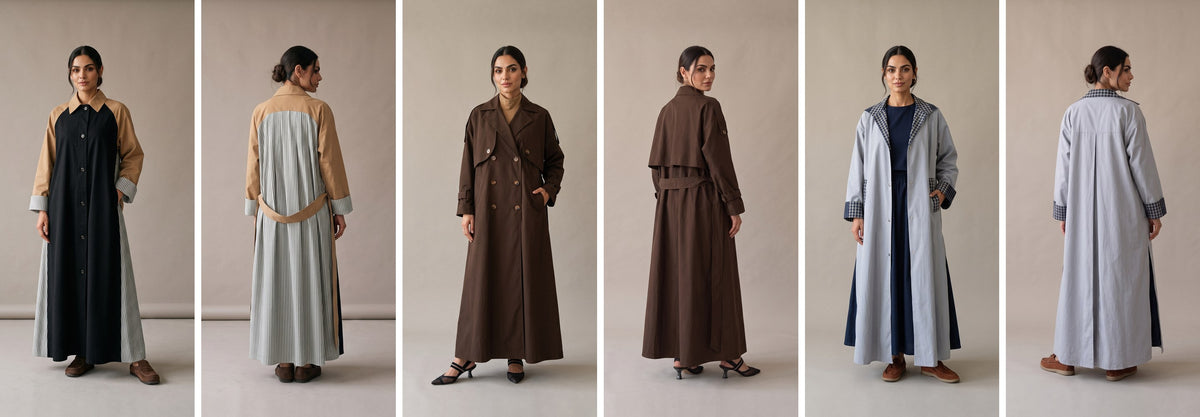 Three trench coat abayas of our own design, each shown from the front and the back: the Beige & Black, the Brown and the Grey Trench Coat Abaya.