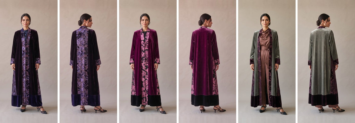 Three velvet abayas of our own design, each shown from the front and the back: aubergine with lilac printed panels, magenta with pink printed panels, and olive with plum printed panels.