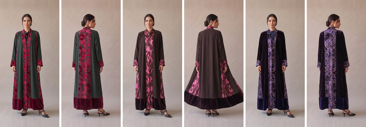 Three velvet abayas of our own design, each shown from the front and the back: green with crimson floral panels, chocolate with pink print, and aubergine with lilac printed panels.
